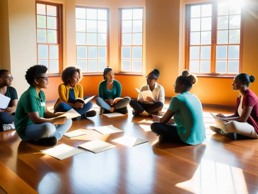 Estudiantes participan con entusiasmo en un taller de poesía creativa educativa, bajo la cálida luz del sol