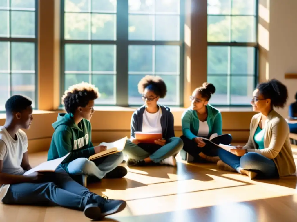 Estudiantes desarrollando escritura creativa en un taller colaborativo, rodeados de inspiración y luz cálida