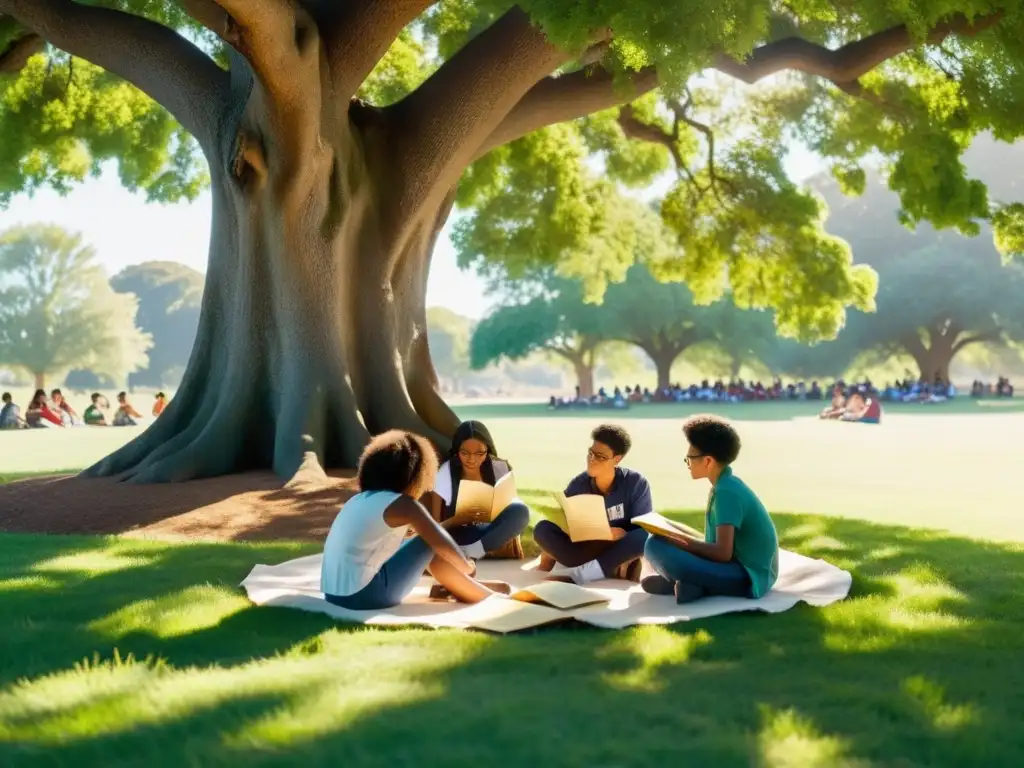 Estudiantes disfrutan de la lectura y discusión de poesía bajo un árbol