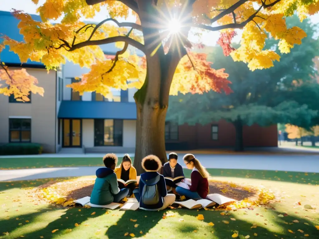 Estudiantes fomentando concisión poética bajo un árbol otoñal, inspirados y concentrados en la escritura de haikus en la escuela