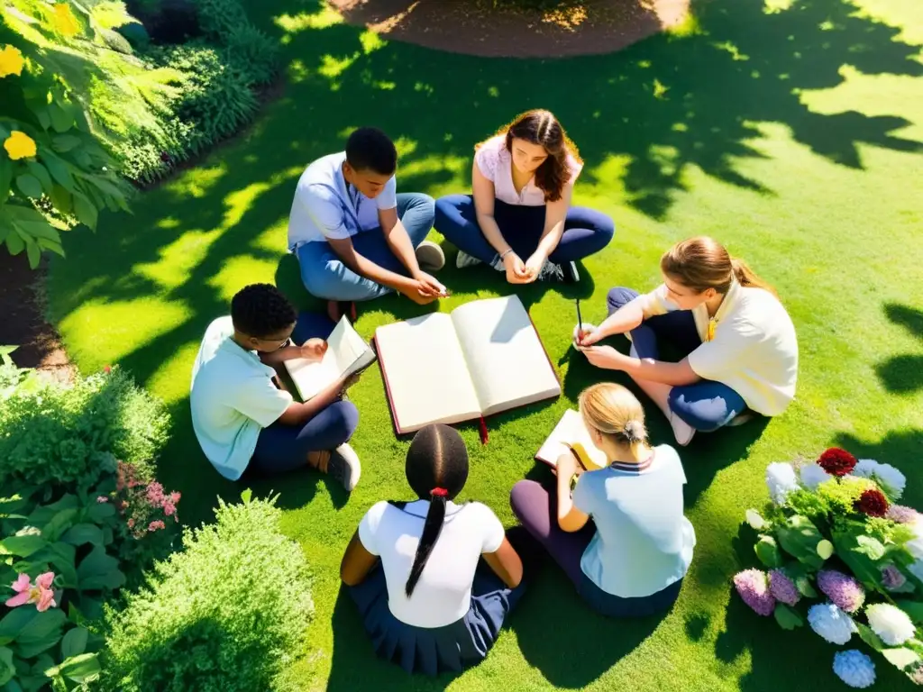 Estudiantes de secundaria escriben poesía en círculo al aire libre, fomentando el autoconocimiento a través de la poesía