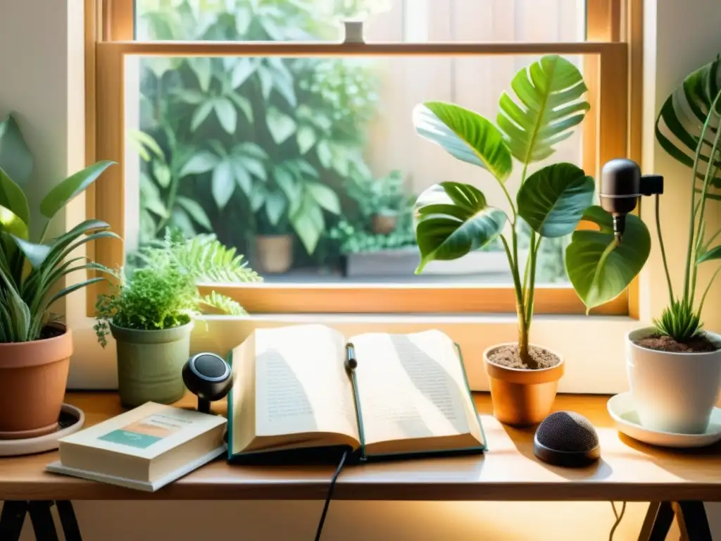 Un estudio acogedor con micrófono vintage, equipo de grabación, plantas y libros de poesía