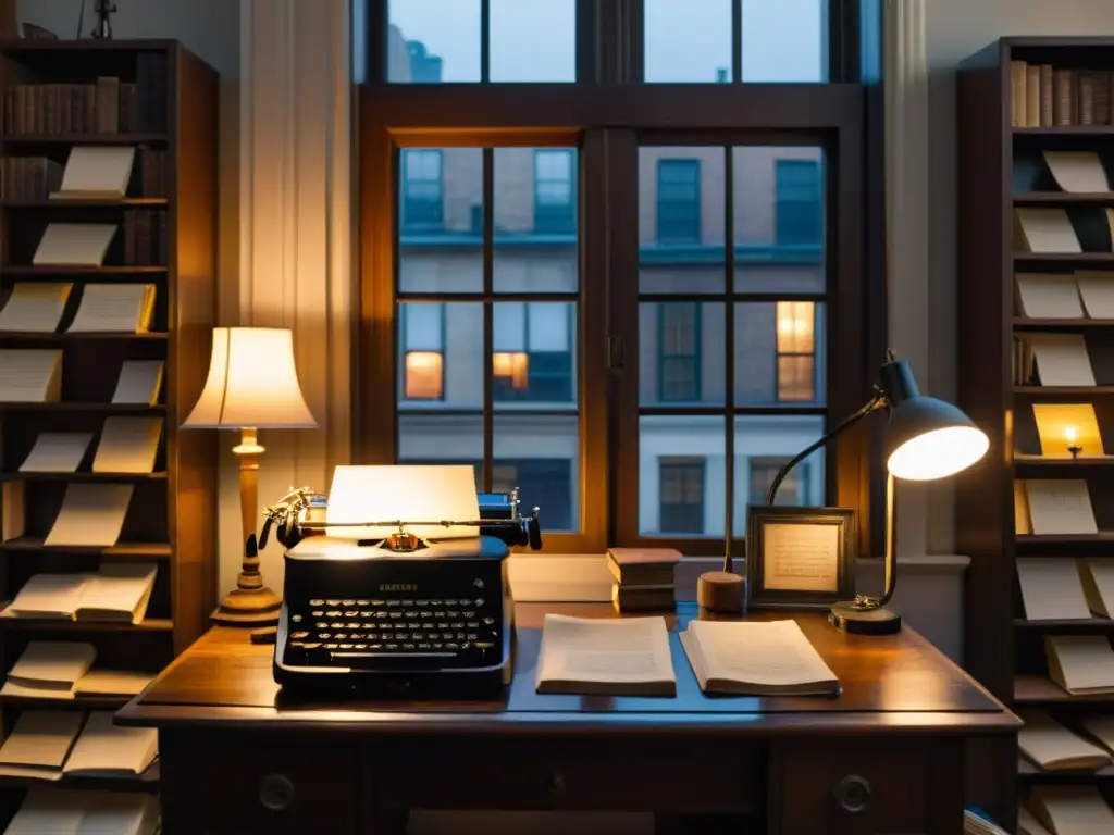 Un estudio con escritorio de madera, papeles, máquina de escribir y lámpara, con vista a la lluvia en la calle