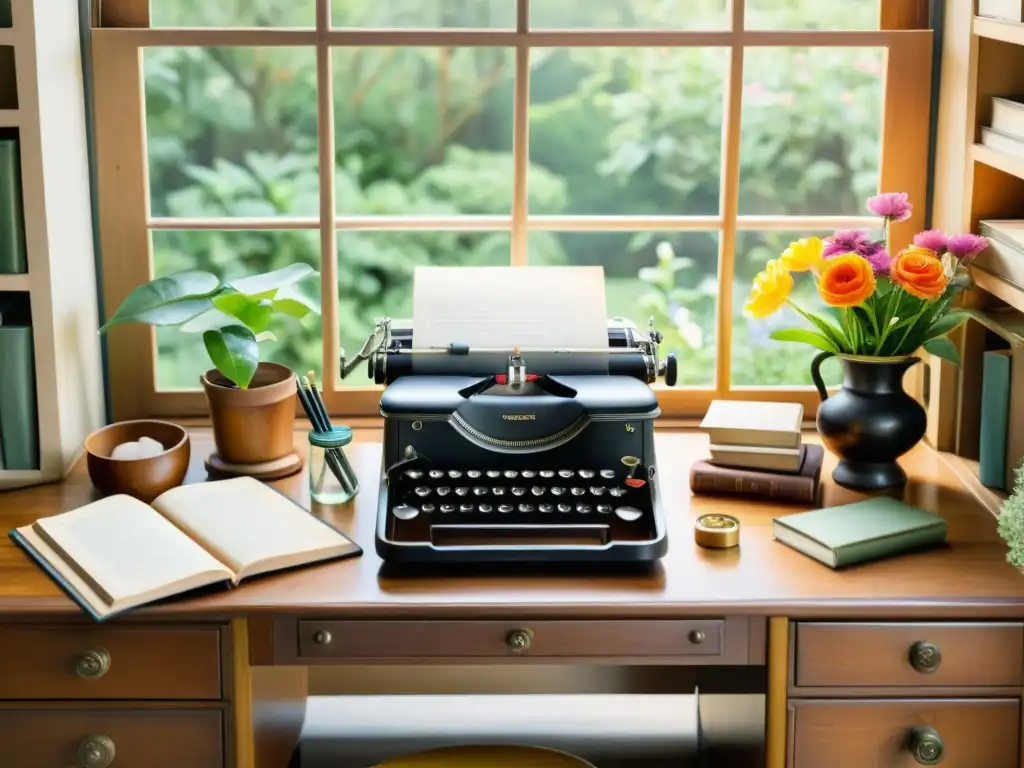 Un estudio de escritura sereno con una mesa de madera bañada en luz natural cálida, ideal para las mejores certificaciones escritura creativa