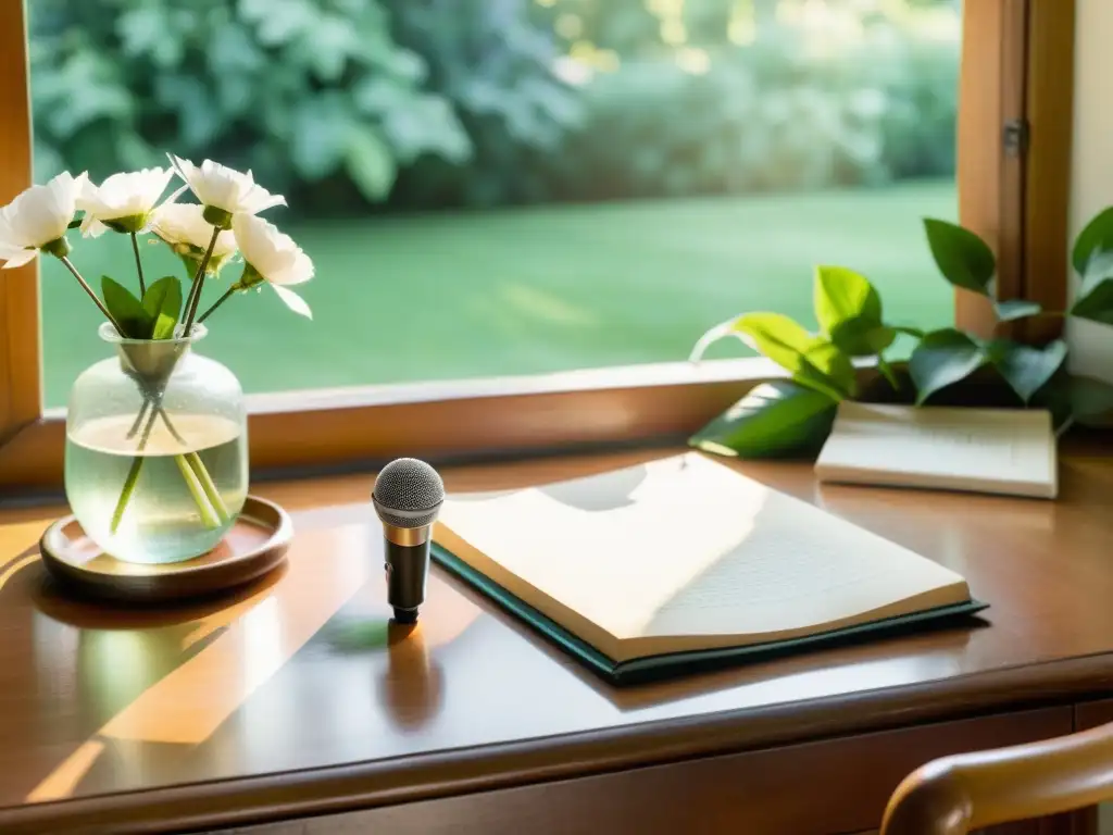 Estudio tranquilo bañado por luz solar con micrófono vintage, poesía y flores