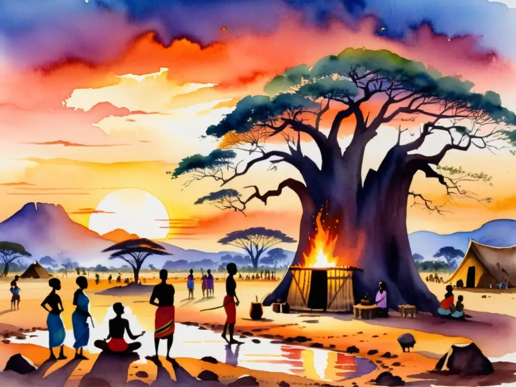 Poesía étnica africana: un vibrante atardecer en una aldea africana, con danzas y tambores alrededor de una fogata, y un majestuoso baobab al fondo