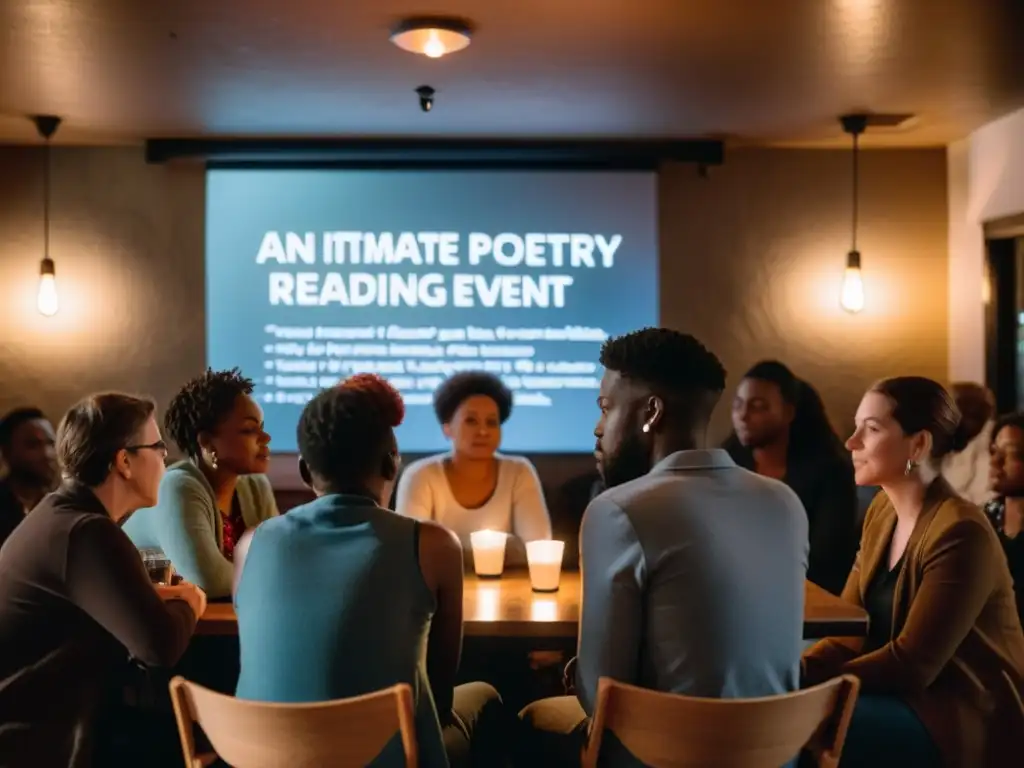 Un evento de lectura de poesía íntima en un café tenue, con poetas LGBTQ+ compartiendo versos apasionadamente en el escenario