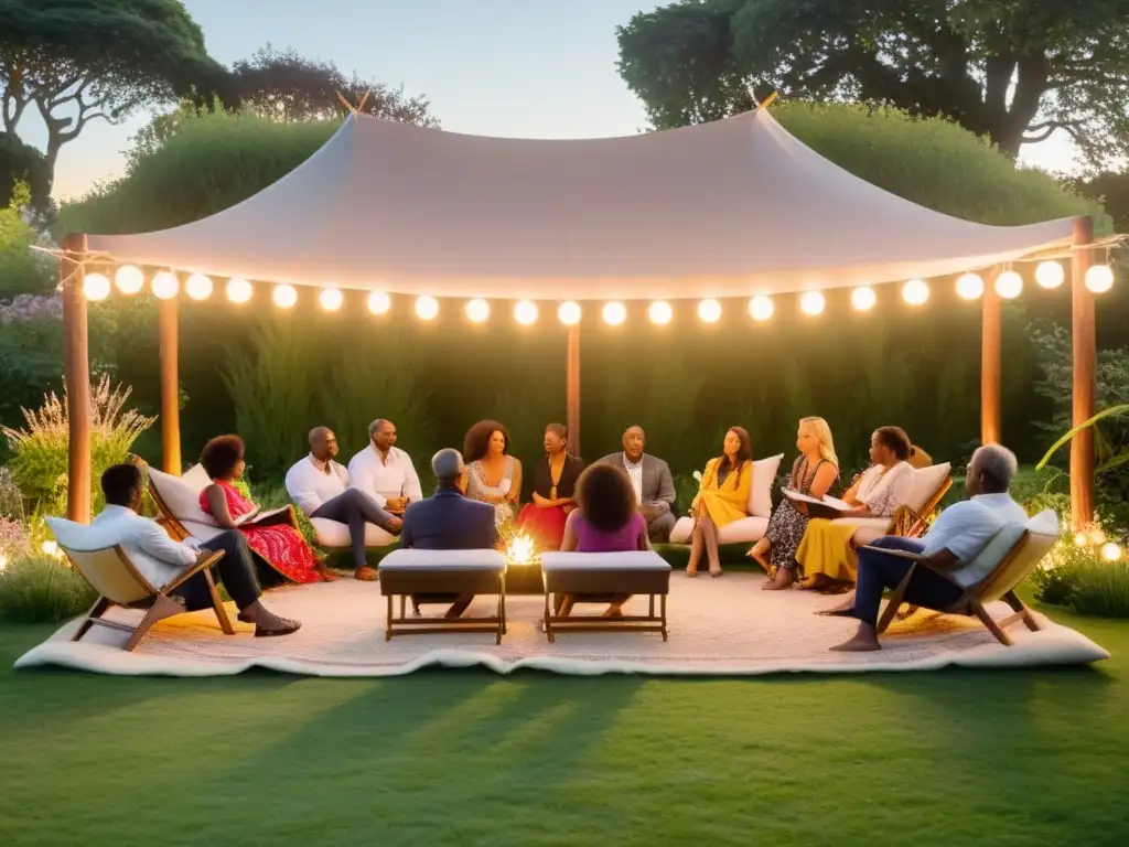 Evento poético al aire libre, escena íntima en un jardín exuberante al atardecer