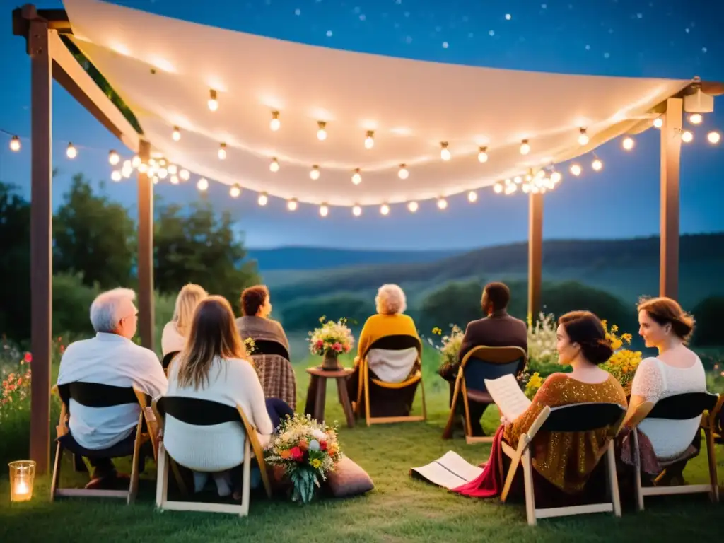 Evento poético al aire libre, escenario iluminado con luces de hadas y flores silvestres