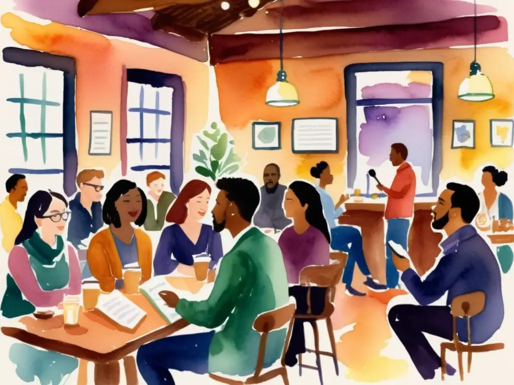 'Evento poético en la esfera digital: Pintura acuarela de un animado encuentro poético en un café acogedor, con colores cálidos y atmósfera creativa