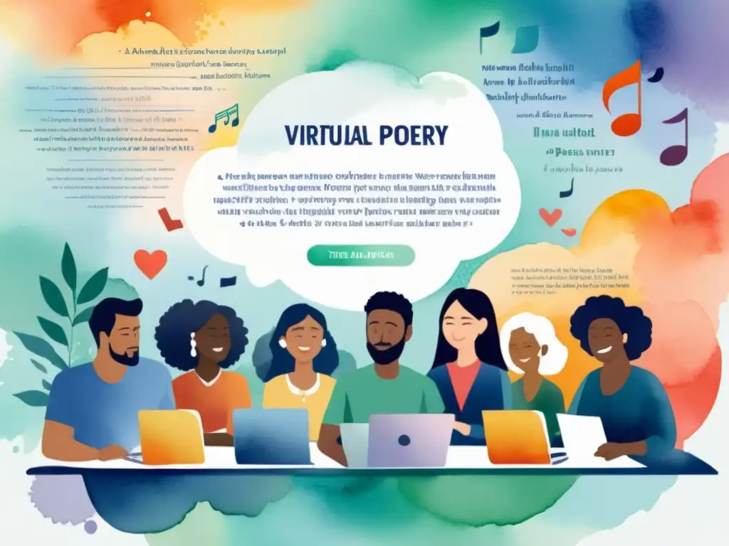 Evento virtual de poesía: diversidad cultural y pasión poética en línea Evento poético online: diversidad cultural y pasión poética se unen en una ilustración de acuarela vibrante