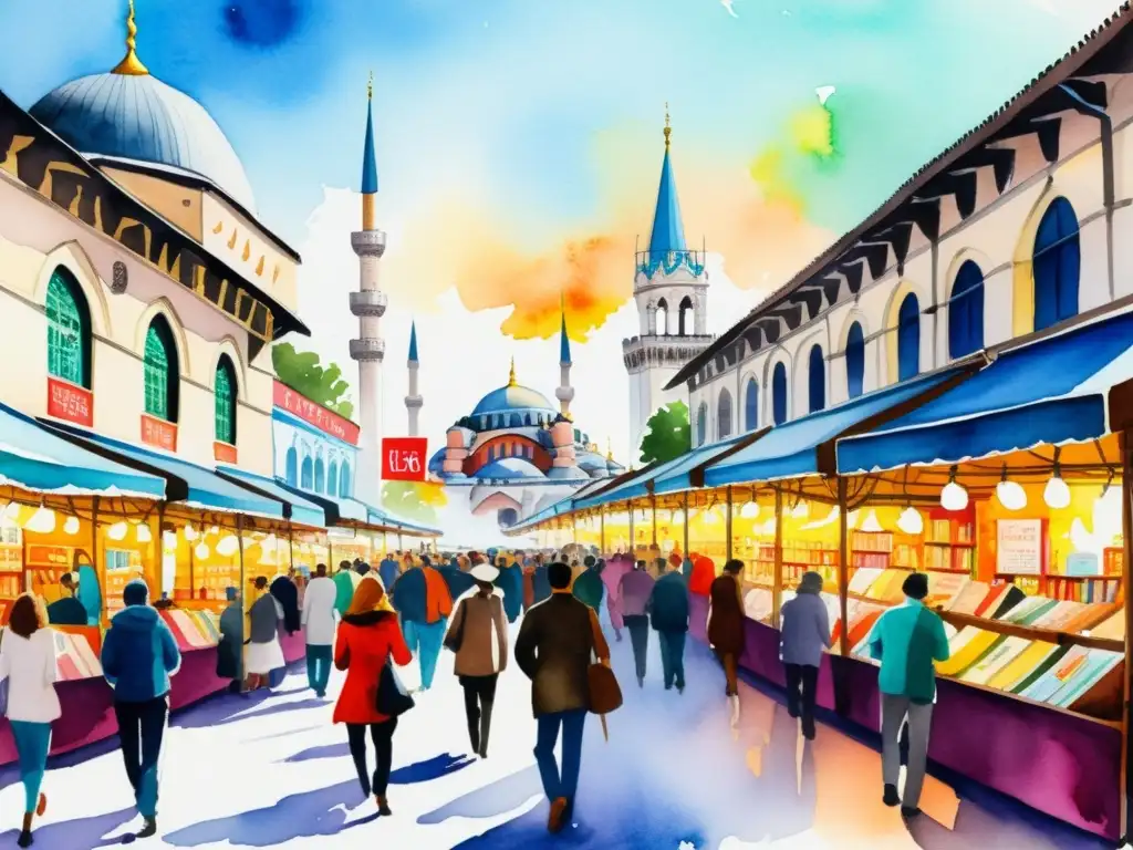 Experiencias multisensoriales Feria del Libro Estambul: vibrante acuarela que captura la emoción de la feria literaria, con puestos de libros coloridos y el aroma del café turco