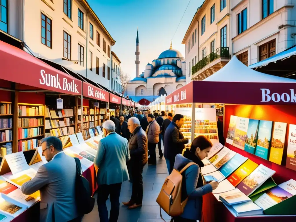 Experiencias multisensoriales en la Feria del Libro Estambul: vibrante mercado con ilustraciones de puestos, visitantes y café turco recién hecho