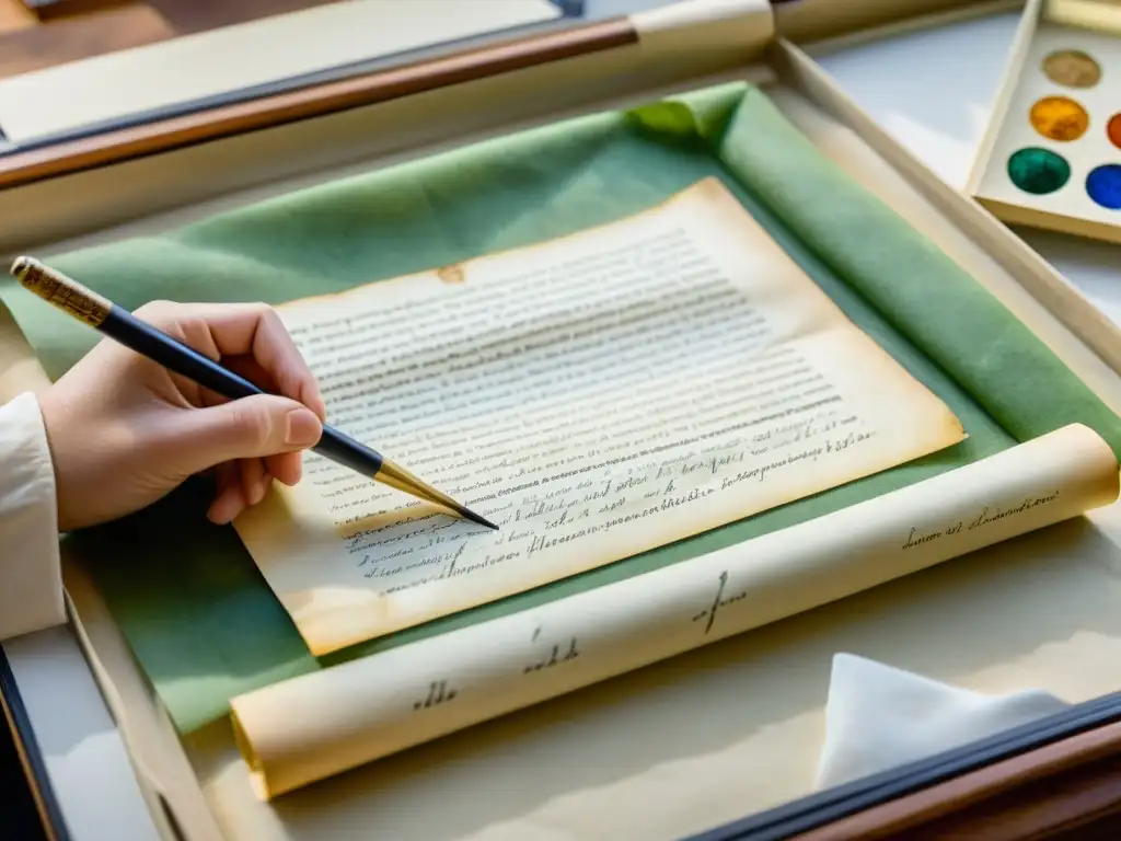 Expertos conservan con dedicación un manuscrito poético en una sala de subastas, evocando historia y arte