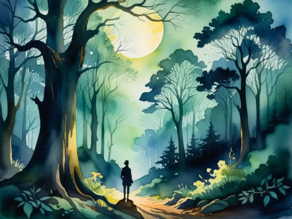 Exploración de la oscuridad en poesía: Pintura en acuarela de una figura solitaria en un bosque sombrío, iluminada por un rayo de luna