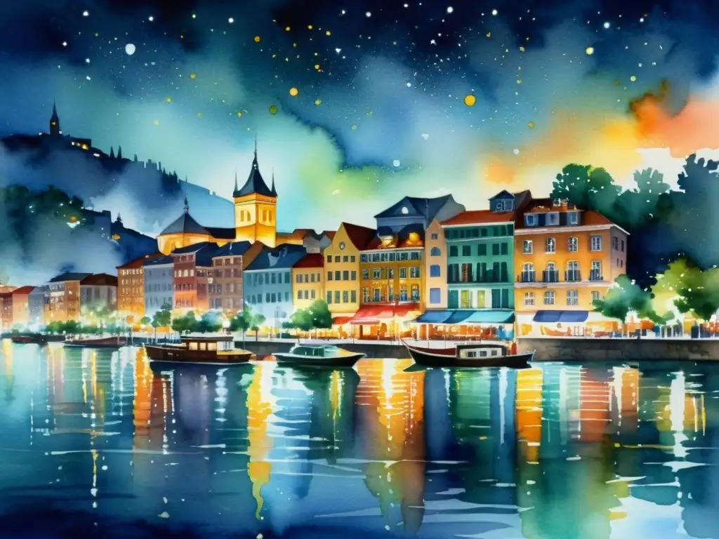 Pintura acuarela de ciudad nocturna: luces reflejadas en el río Una expresión sensorial en poesía concreta: vibrante ciudad nocturna reflejada en el río, con luces que crean belleza y calma