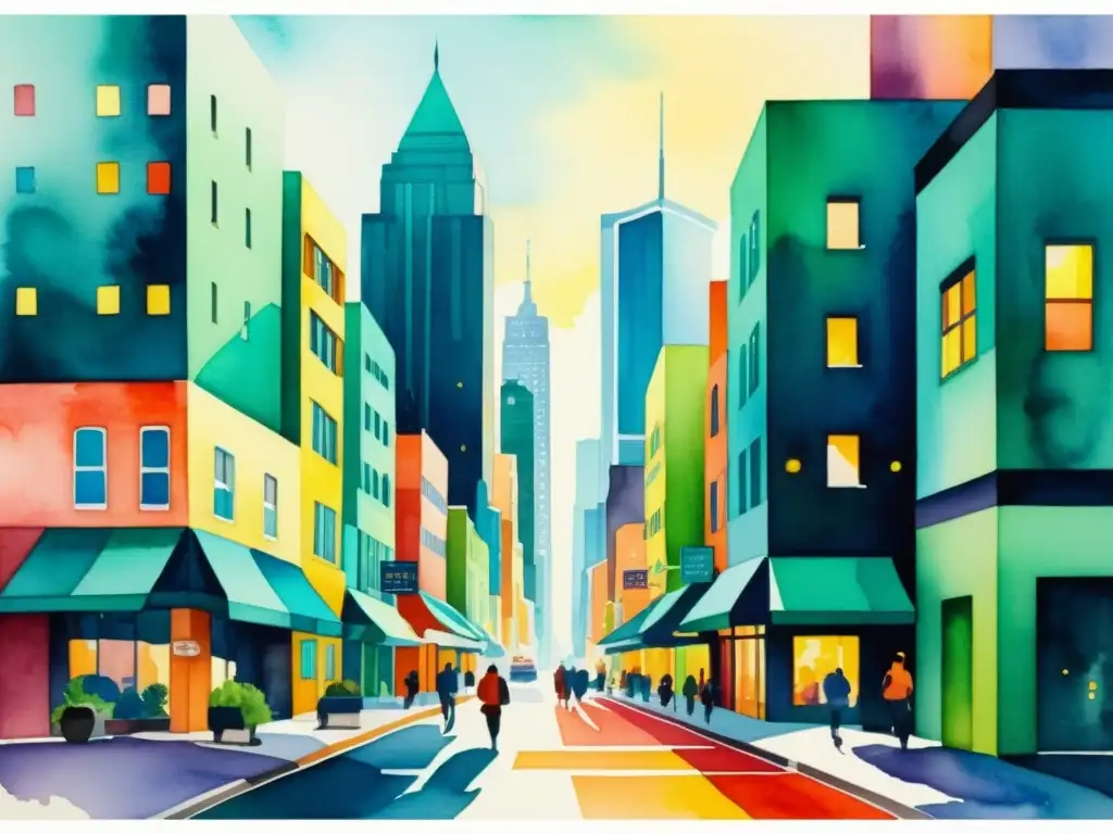Cityscape vibrante en acuarela: energía urbana Una expresión sensorial en poesía concreta: acuarela vibrante de la ciudad, con formas geométricas audaces y colores intensos que capturan la esencia de la vida urbana en una escena abstracta y soñadora