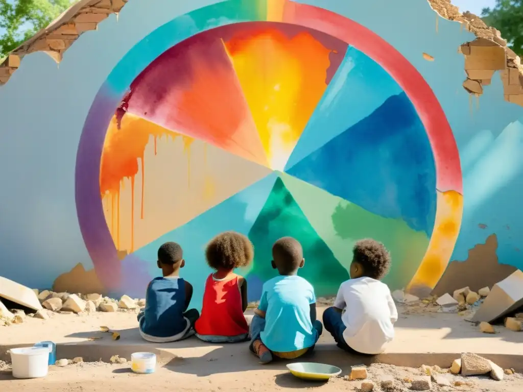 Expresiones poéticas de niños en guerra: Niños pintando un mural de esperanza entre escombros, con determinación y creatividad