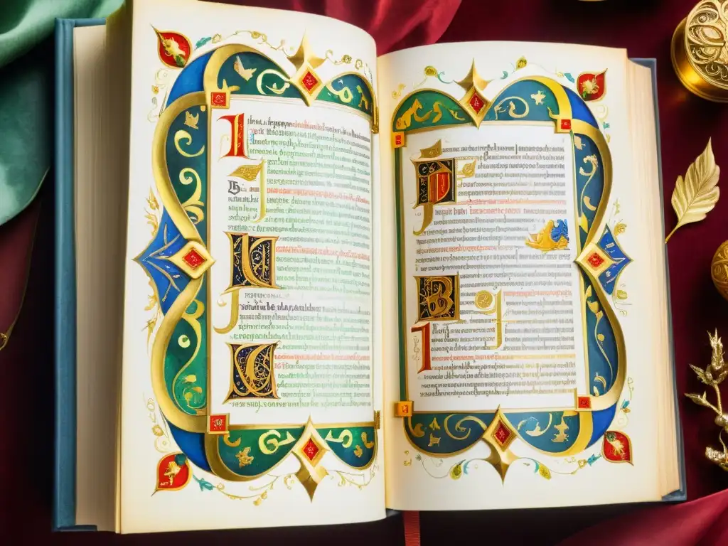 Una exquisita acuarela de un manuscrito medieval, con caligrafía ornamental, ilustraciones detalladas y toques de oro