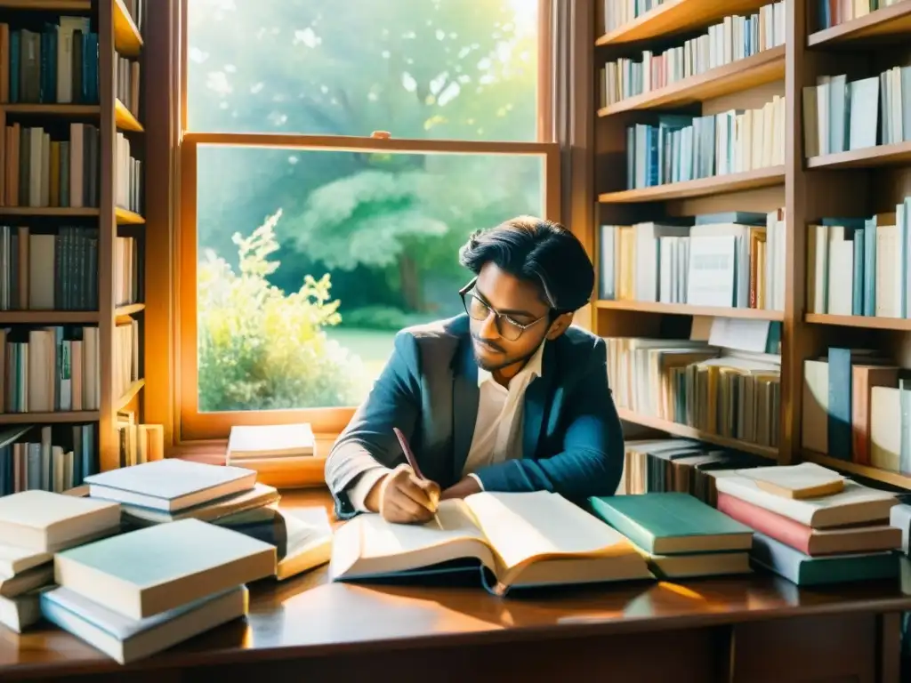 Exquisita acuarela de poeta en su escritorio, rodeado de libros y revistas de poesía