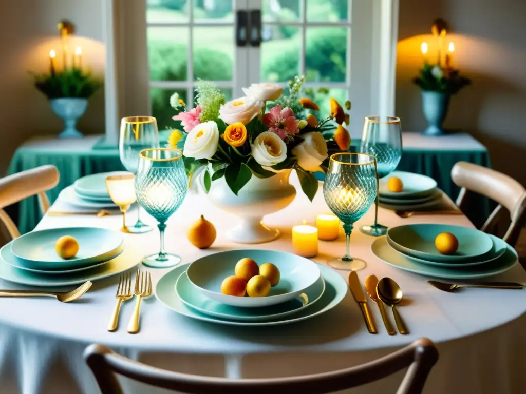 Una exquisita mesa de comedor pintada con acuarelas detalladas, iluminada suavemente y decorada con poesía