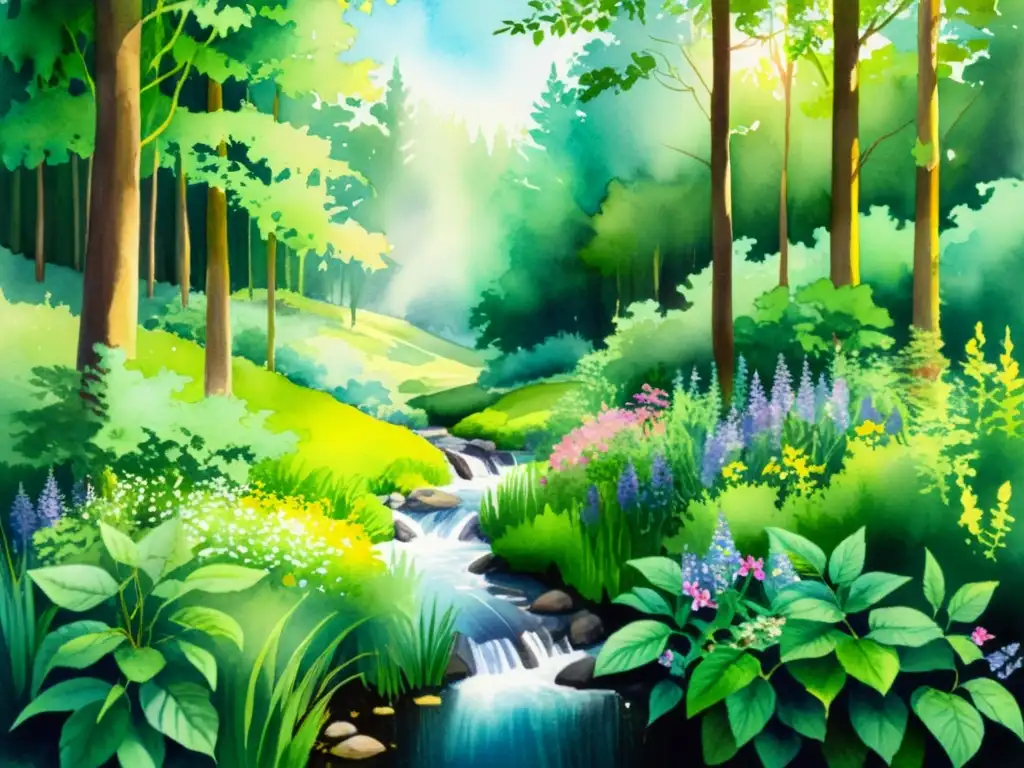 Una exquisita pintura de acuarela de un sereno paisaje forestal, con follaje verde intenso y un arroyo suave