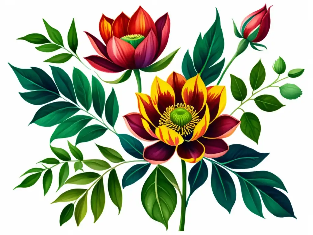 Una exquisita pintura acuarela de un vibrante ramo de flores, con detalles meticulosos y colores profundos