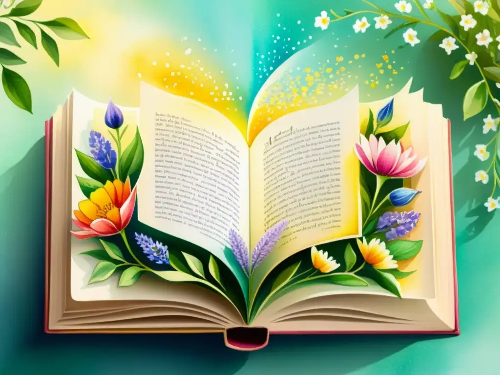 Una exquisita pintura acuarela con un libro abierto rodeado de flores, páginas llenas de poesía en varios idiomas