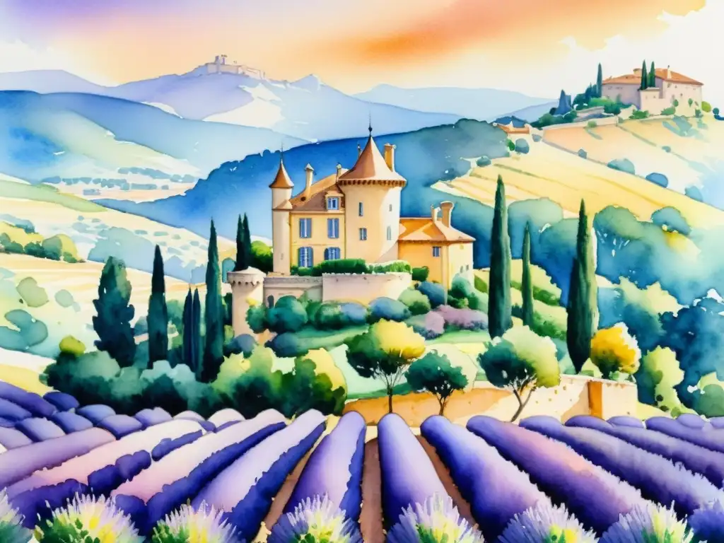 Un exquisito cuadro acuarela del Château de la Poésie entre colinas de lavanda en Provence, Francia