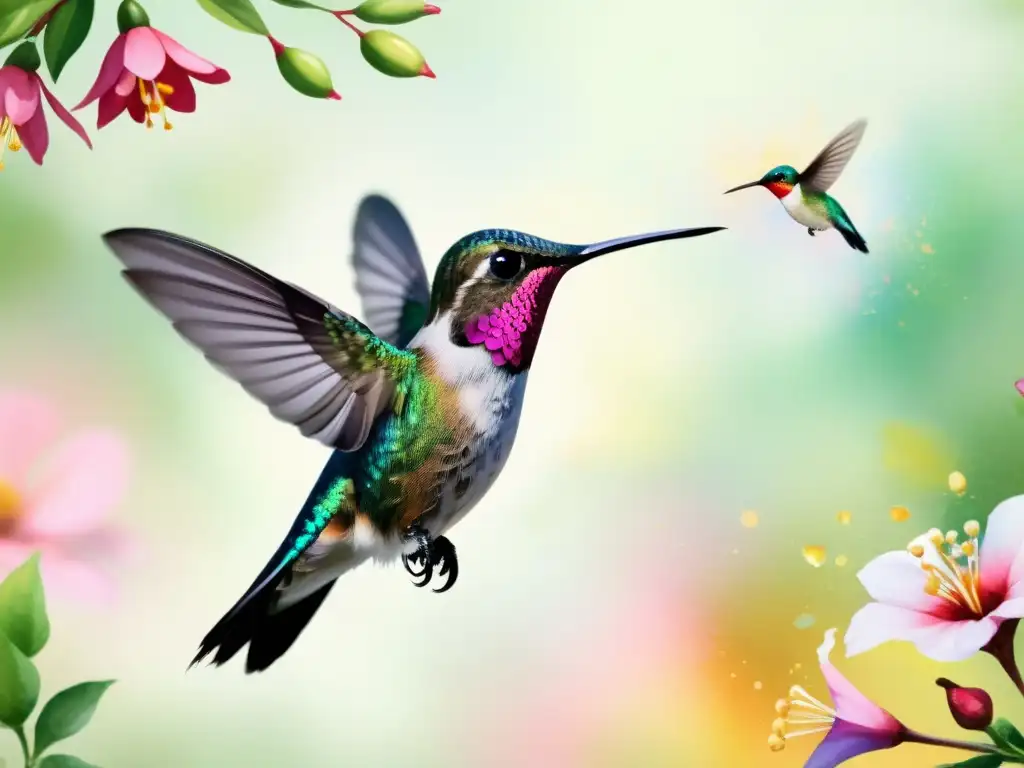 Un exquisito dibujo acuarela de un delicado colibrí entre flores coloridas, con detalles precisos y movimiento grácil