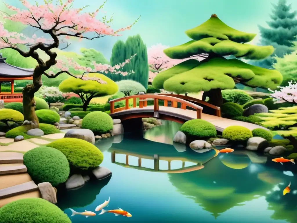 Un exquisito jardín japonés en acuarela 8k, con cerezo en flor, estanque de peces koi y puente tradicional