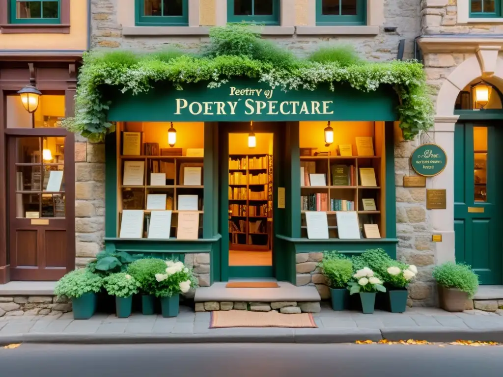 Exterior de un acogedor y rústico taller de poesía especializada, bañado por la cálida luz dorada del atardecer y rodeado de exuberante vegetación