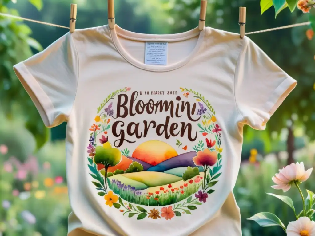 Un jardín exuberante con camisetas con mensaje de poesía colgando de una cuerda entre las flores y la luz del sol filtrándose a través de las hojas