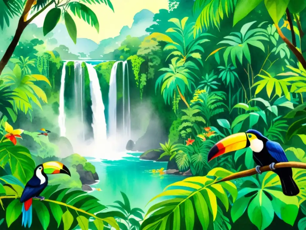 Un exuberante cuadro pintado con acuarelas, mostrando una escena de selva tropical con follaje vibrante, cascadas y aves tropicales