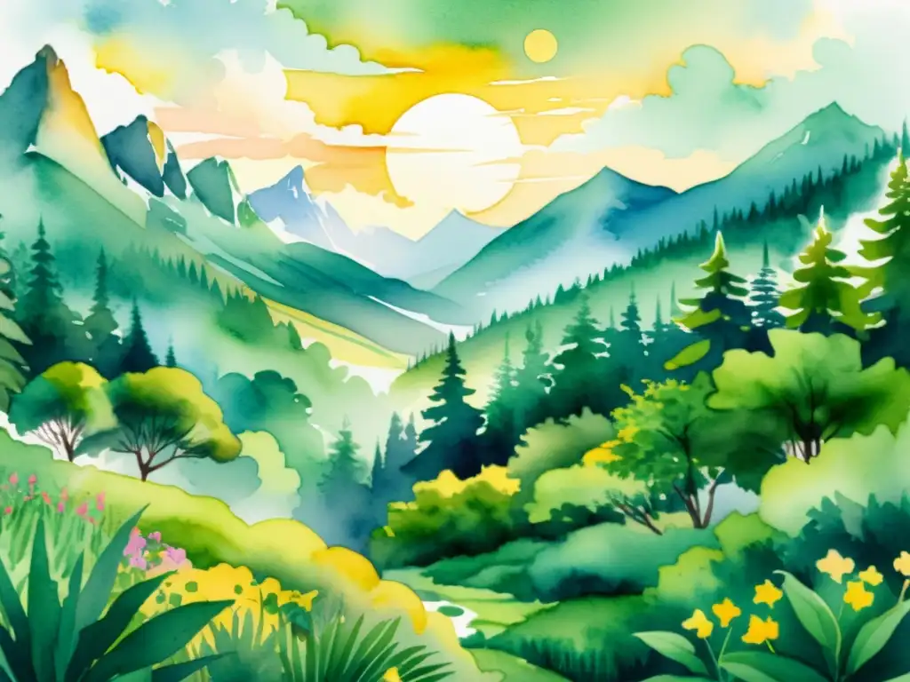 Una exuberante ilustración en acuarela de un bosque verde, donde florecen vibrantes flores indígenas