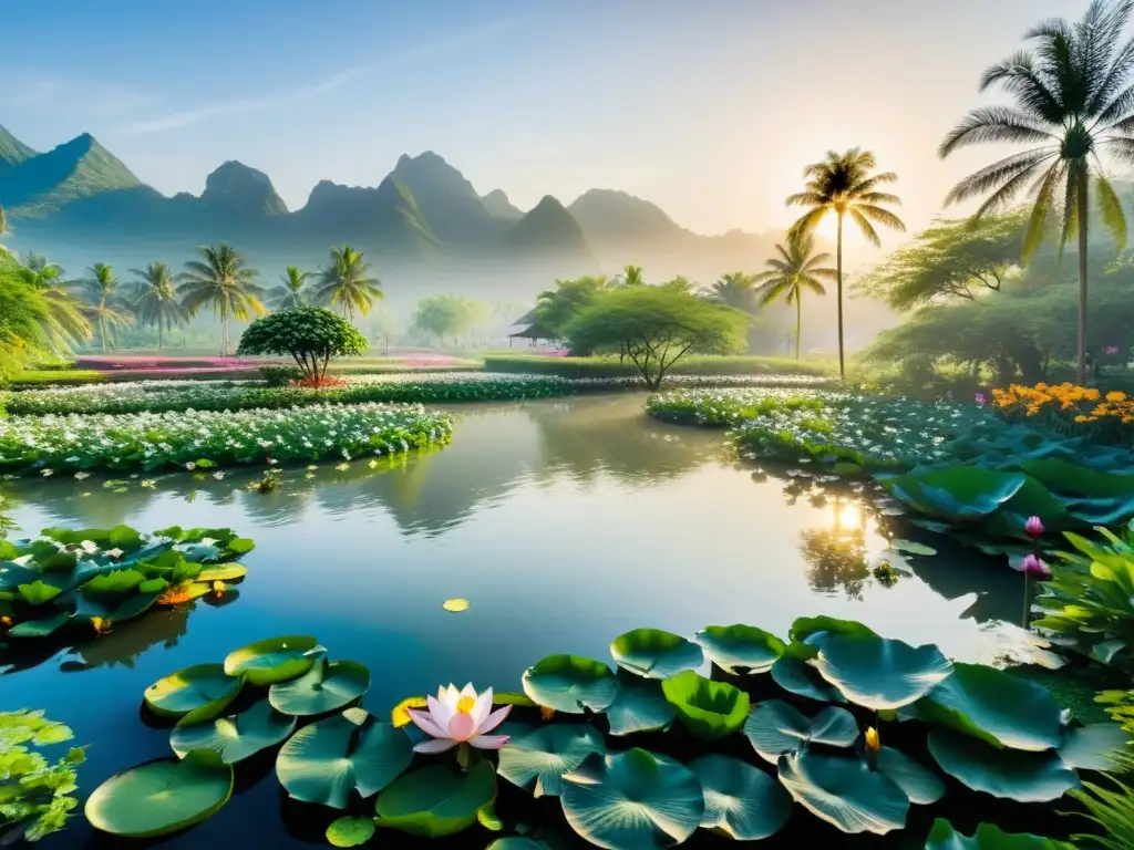 Un jardín exuberante con lotos en flor, palmeras y aves coloridas