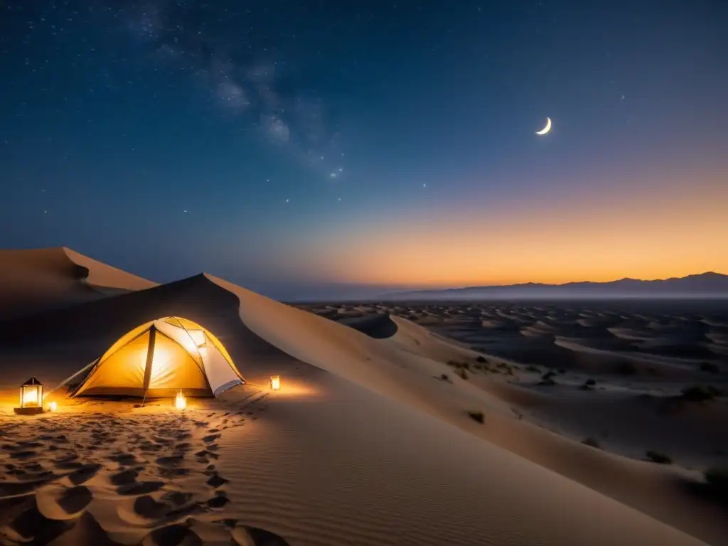 Un exuberante paisaje desértico con un campamento de lujo entre las dunas, evocando tranquilidad y encanto