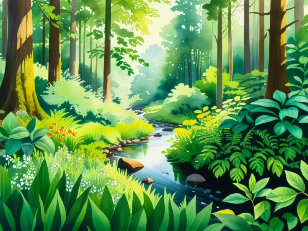 Una exuberante pintura en acuarela que retrata un bosque vibrante y detallado, con vida y energía