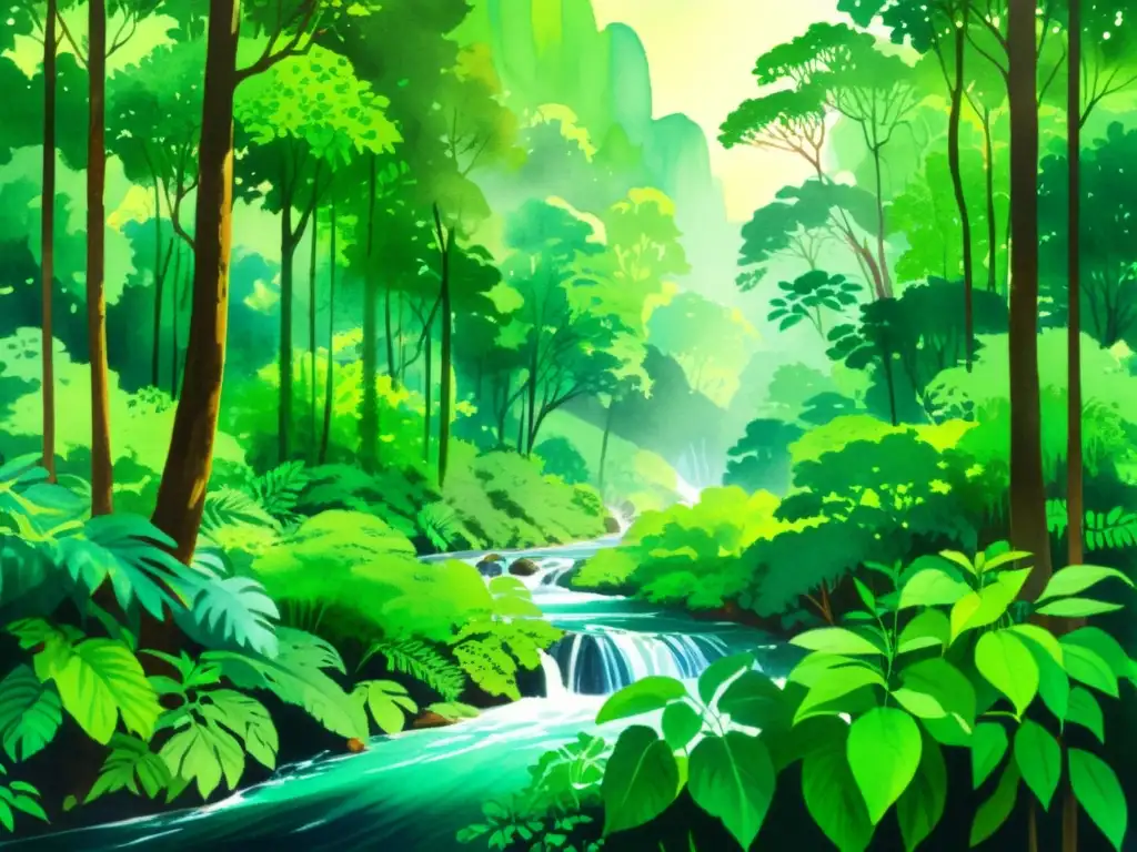 Una exuberante pintura acuarela de una selva vibrante, evocando la poesía indígena y la conexión con la naturaleza