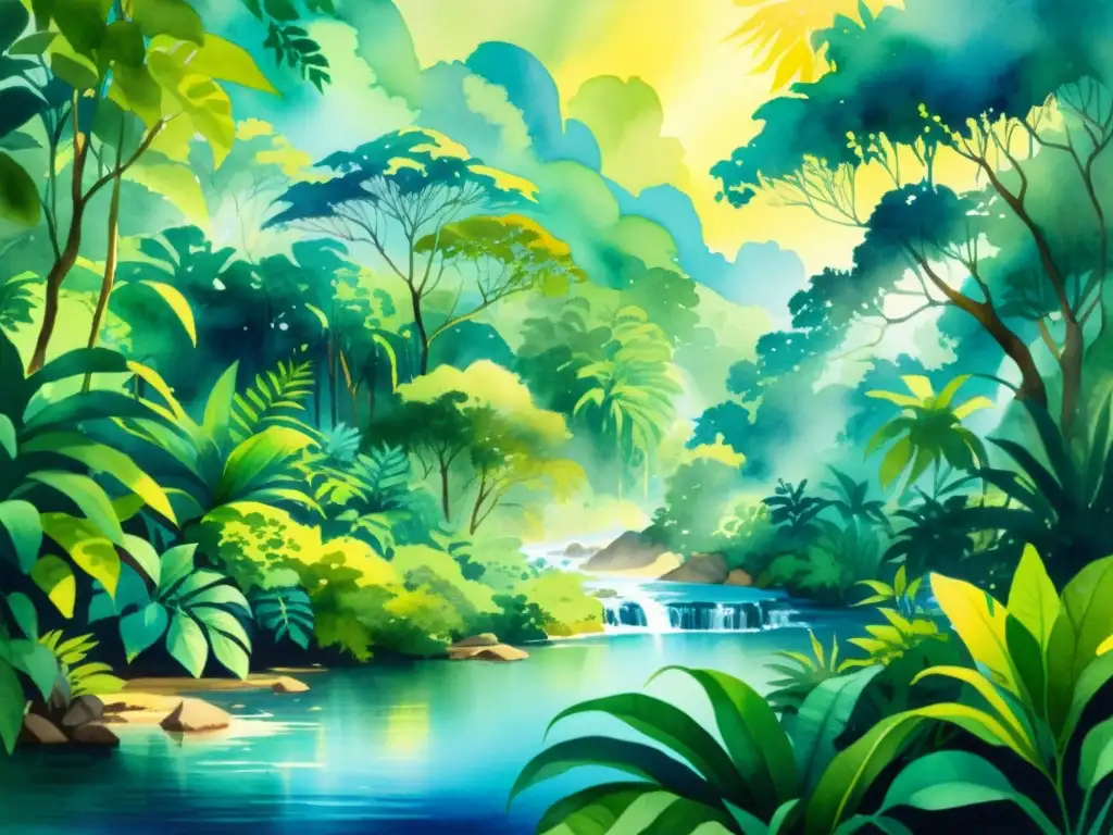 Una exuberante pintura acuarela de una selva vibrante con aves tropicales, río fluente y follaje intrincado