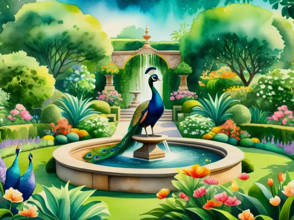 Una exuberante pintura acuarela detallada de un jardín con flores vibrantes, simbolismo intrincado y una fuente central, con un pavo real en un muro de piedra al fondo