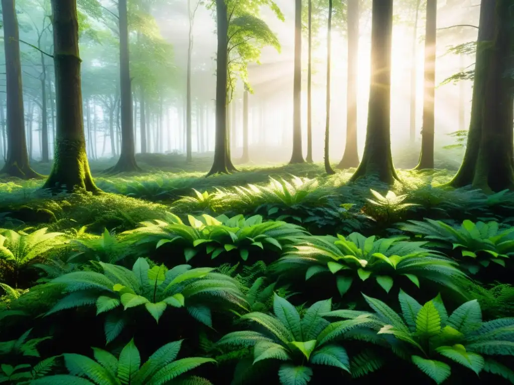 Una exuberante poesía romántica vínculo naturaleza; el amanecer baña el bosque en luz dorada, creando un ambiente etéreo y tranquilo