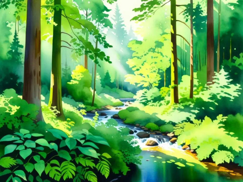 Una exuberante y vibrante pintura al agua de un bosque, con árboles majestuosos, follaje vibrante y un arroyo serpenteante