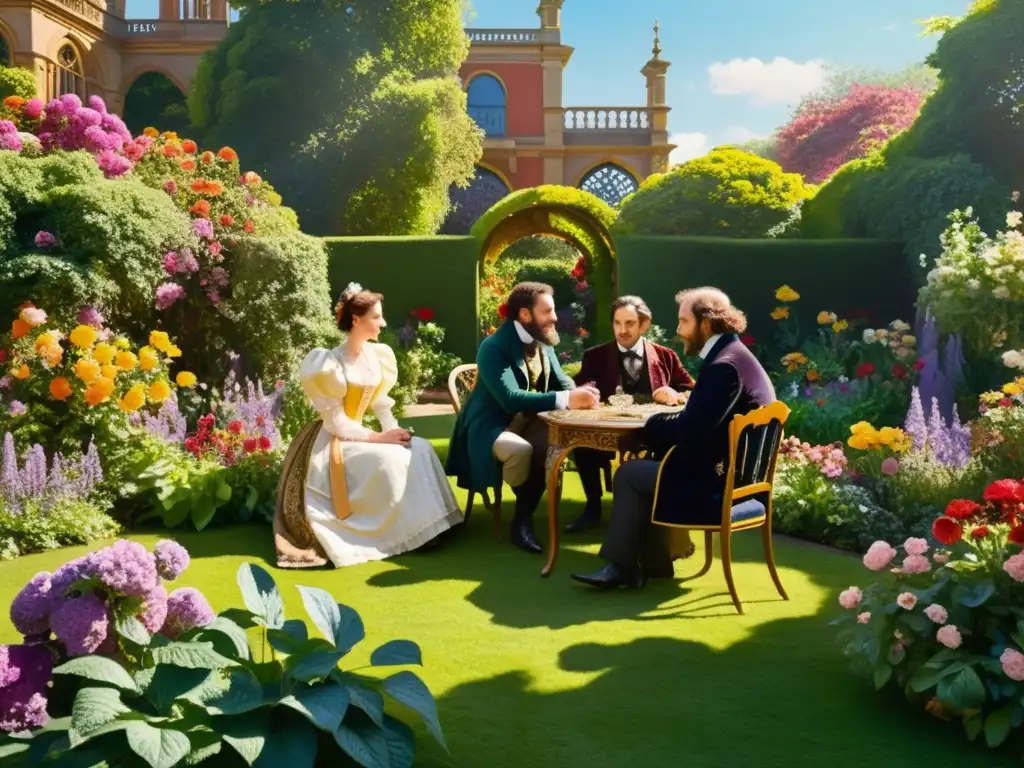 Un exuberante jardín victoriano con poetas y artistas, rodeados de flores y arquitectura ornamental