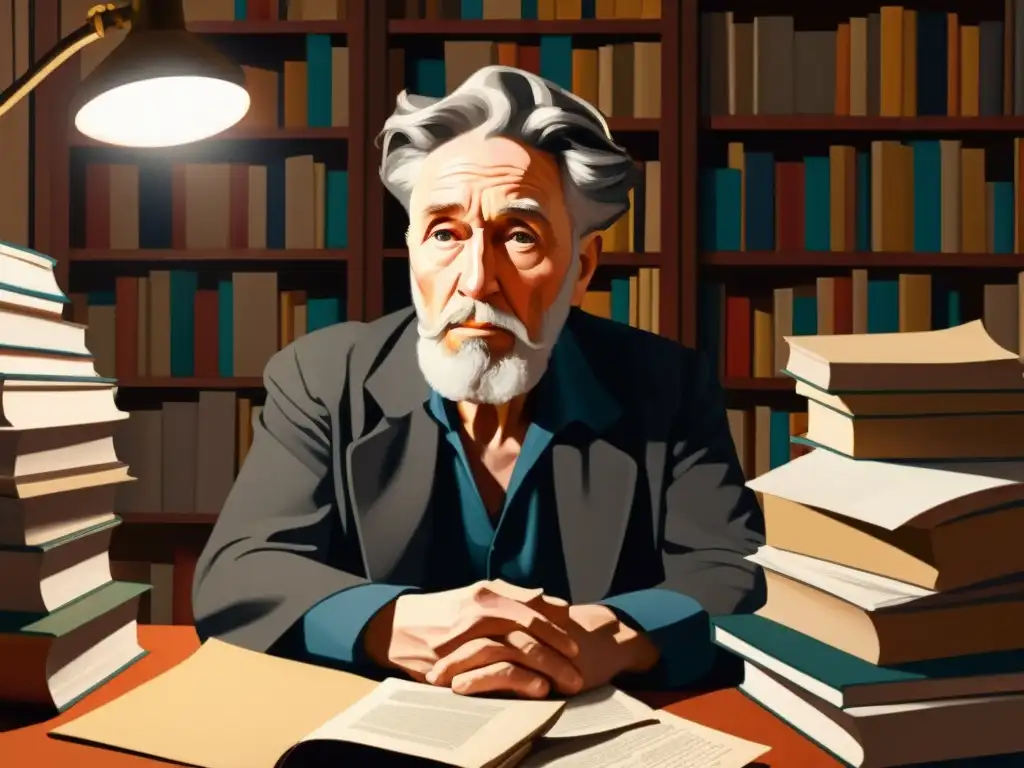 Ezra Pound en una habitación iluminada, rodeado de libros y papeles