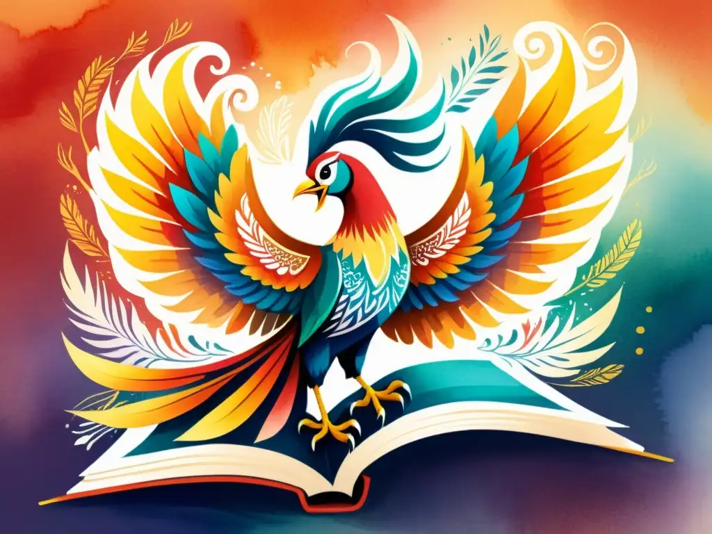 Un fénix multicolor emerge de un libro, sus alas formadas por caligrafía en varios idiomas, evocando traducción poética e identidad cultural