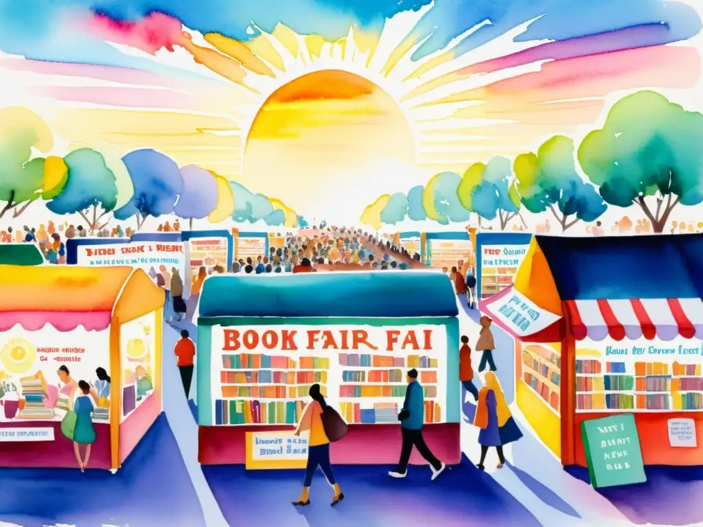 Feria del Libro poesía mundial: Colorida feria del libro con gente diversa, libros de poesía y atmósfera de entusiasmo cultural al atardecer