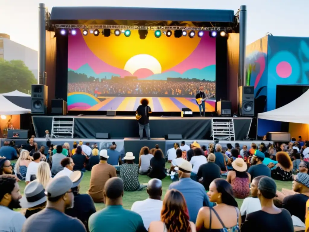 Festival de poesía y arte al atardecer con escenario al aire libre, artistas colaborando y audiencia diversa