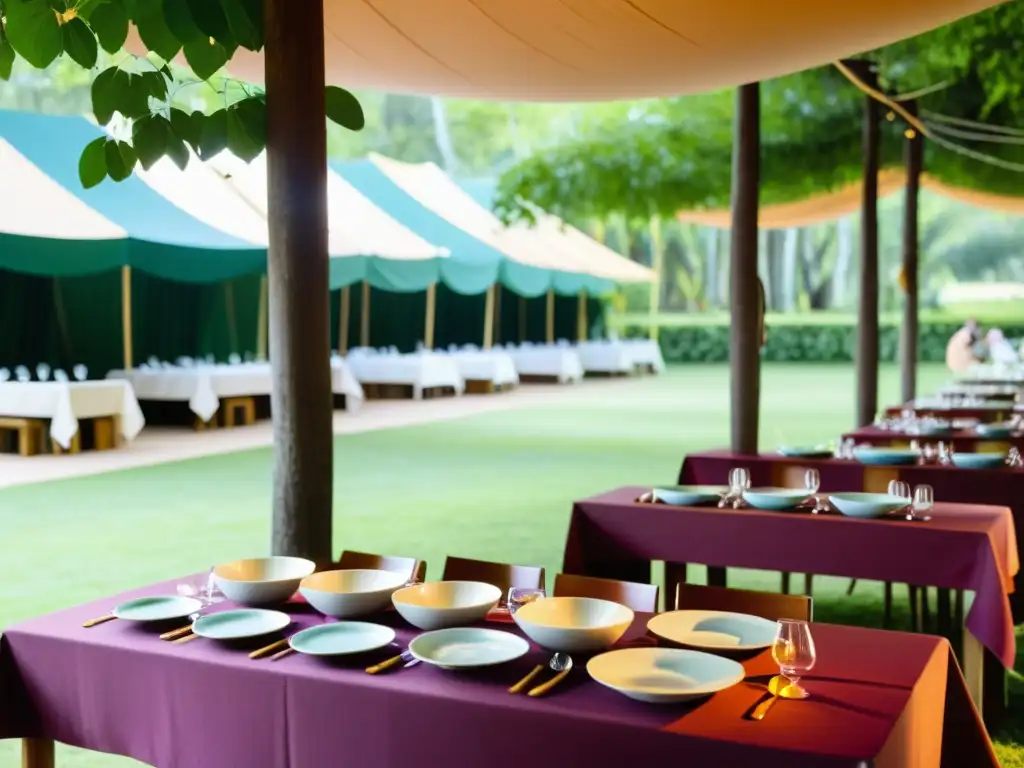 En el festival de poesía y gastronomía, una escena encantadora con árboles verdes, platos exquisitos y un escenario para recitales