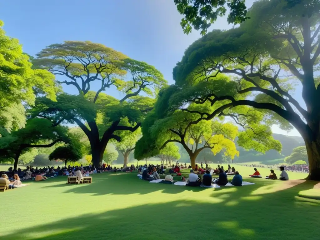 Festival de poesía ecológico internacional: un parque sereno y verde con lecturas de poesía bajo árboles altos, sol suave y colores festivos